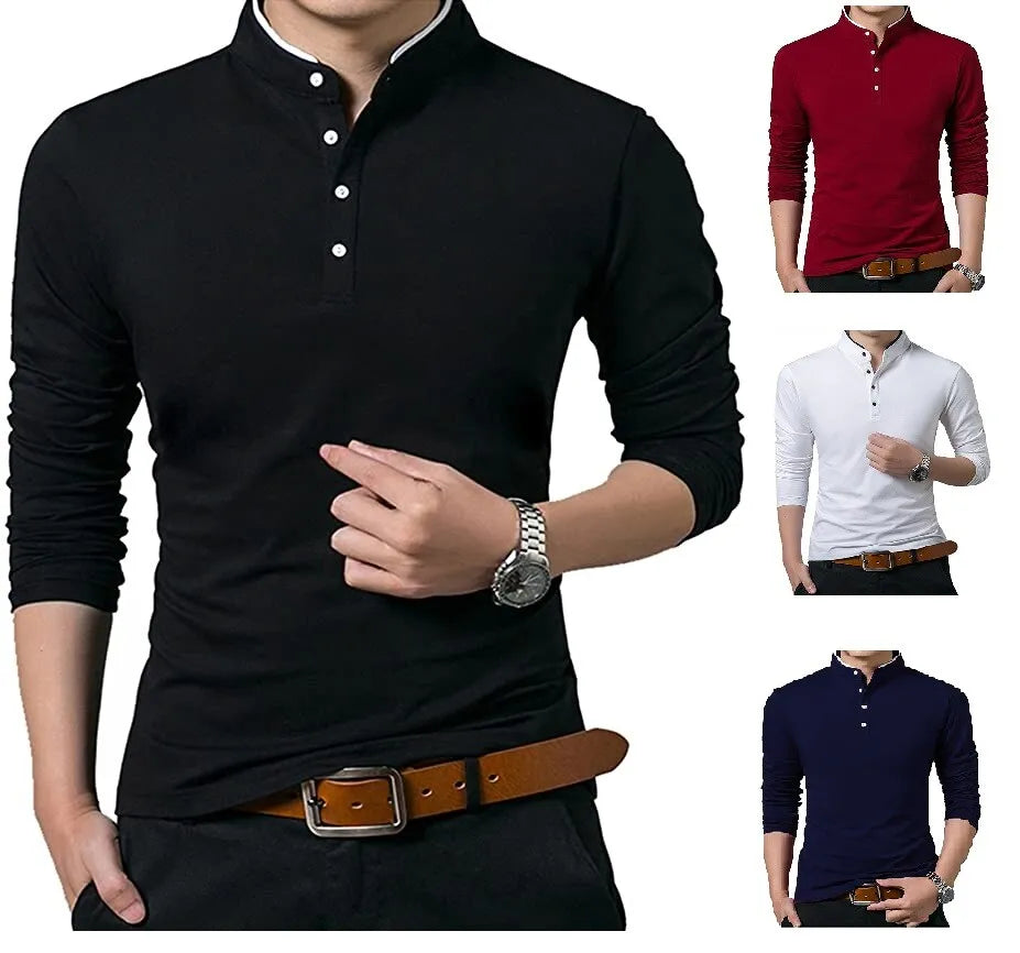 Men s Grandad Shirts Polo Shirt Long Sleeve Mandarin Collar Slim Fit P Lyon Becker